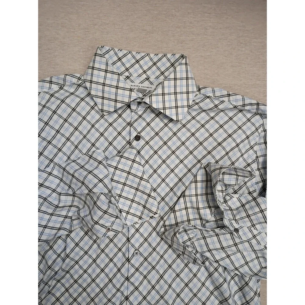 Banana Republic Mens XL Long Sleeve French Cuff Button Shirt Blue Plaid Bias